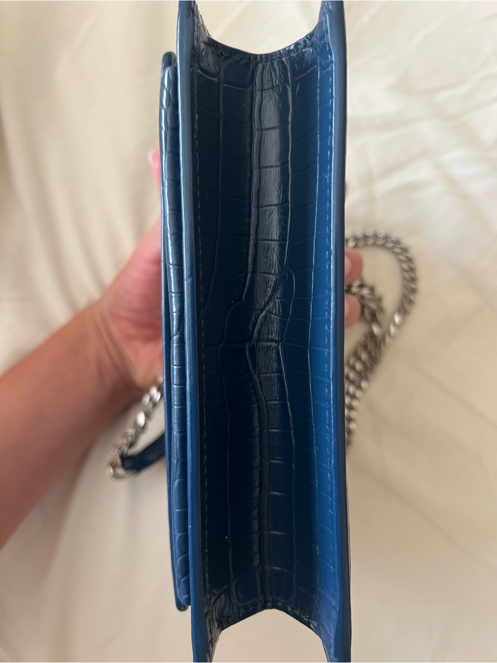 Saint Laurent Small Sunset Bag in Denim Blue Croc-Embossed Leather - Picture 9 of 16